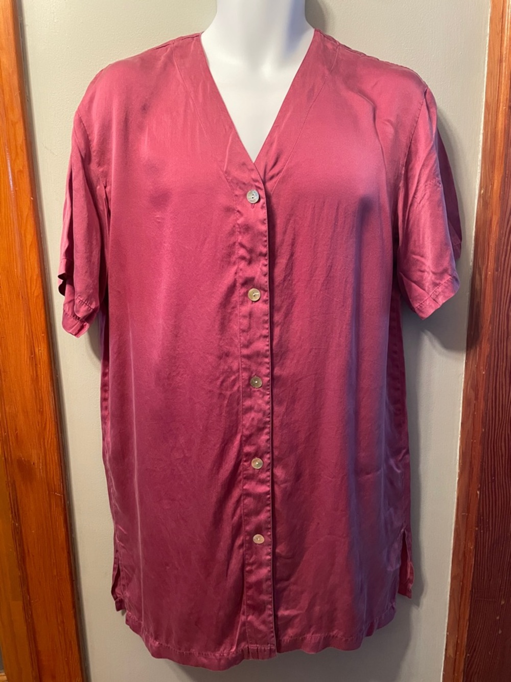 SILK & SATIN Vintage 100% Silk Rose Mauve Button-Up Short Sleeve Blouse Tunic